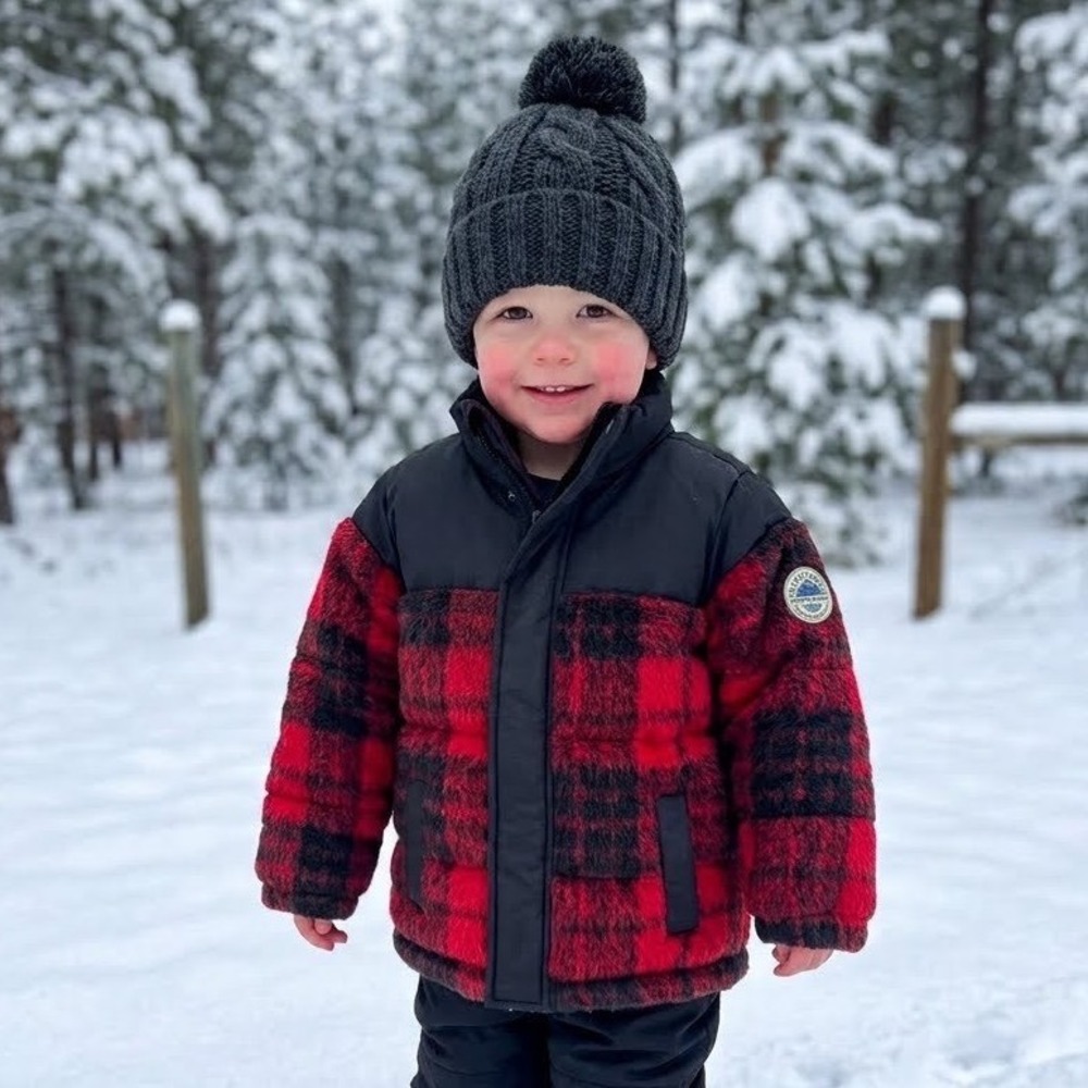 NWT Cotton On Kids Freddie Puffer Jacket Flame Red Phantom Buffalo Plaid S 3-4